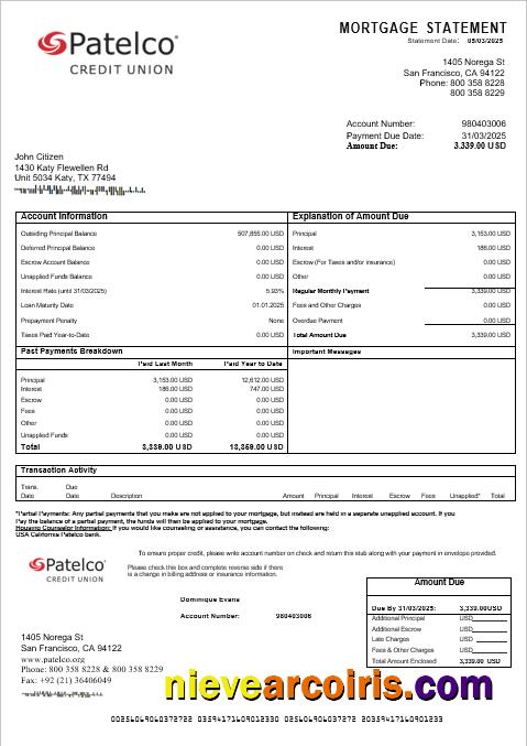 USA California Patelco bank  mortgage statement